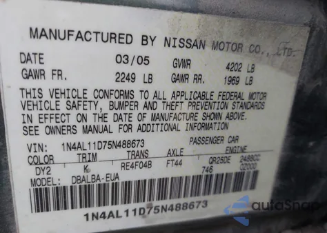 2005 Nissan Altima 2.5 S z USA, uszkodzony, nr VIN 1N4AL11D75N488673